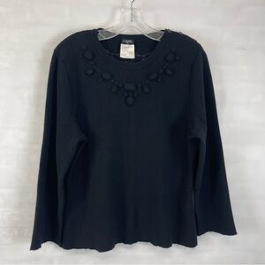 CHANEL Black Wool Sweater CC Button Pom Pom Bobble Embellished‎ Size 46 Vintage